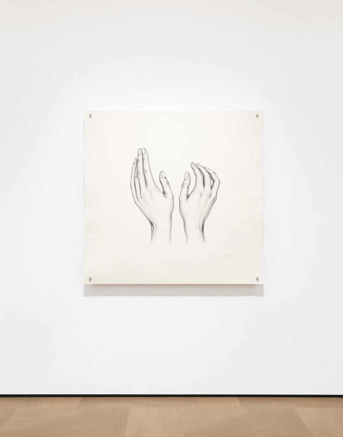 Graphite drawing of two folded hands on cream paper, by Elena Hartley.