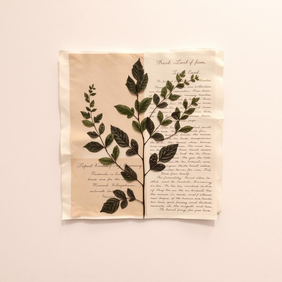 Mixed-media botanical collage with pressed leaves and watercolor, by Elena Hartley.