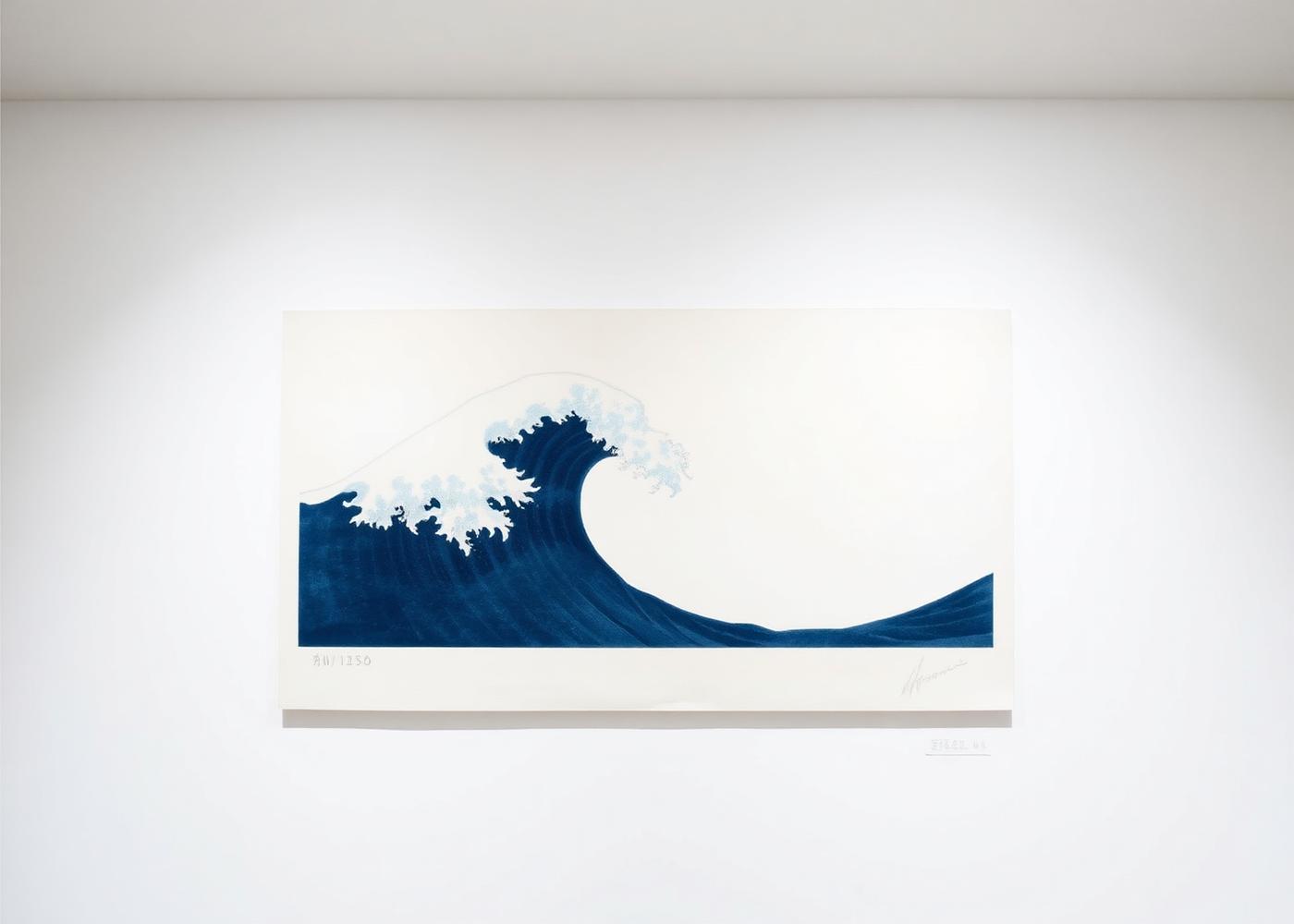 Japanese-style woodblock print of an indigo ocean wave, by Hana Mori.