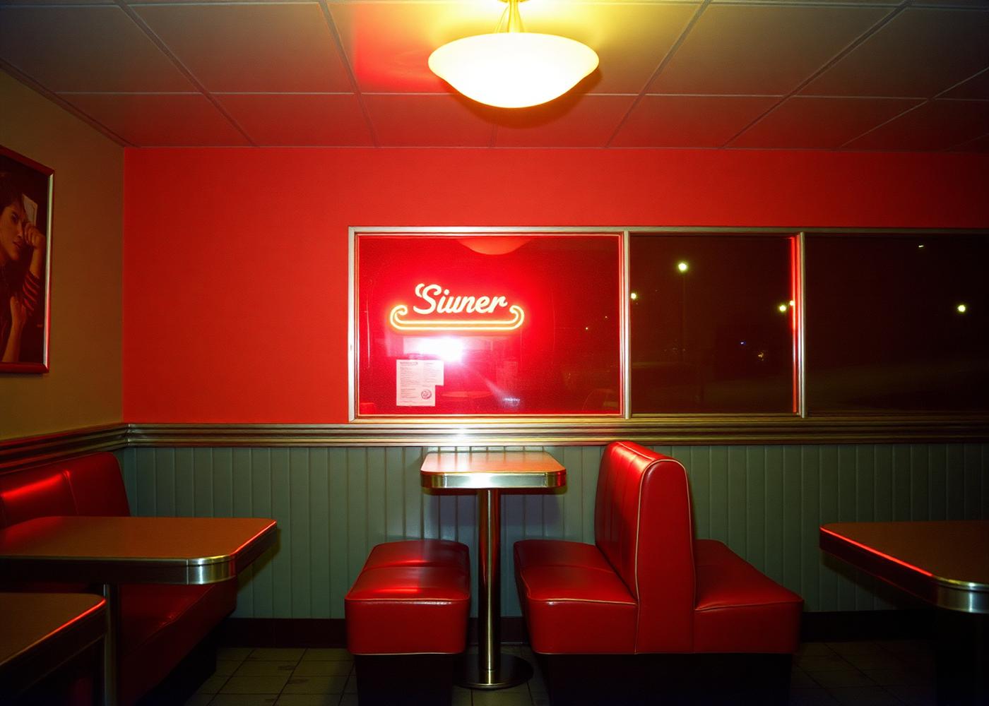 Color photograph of an empty American diner interior at night, by Jonas Okafor.