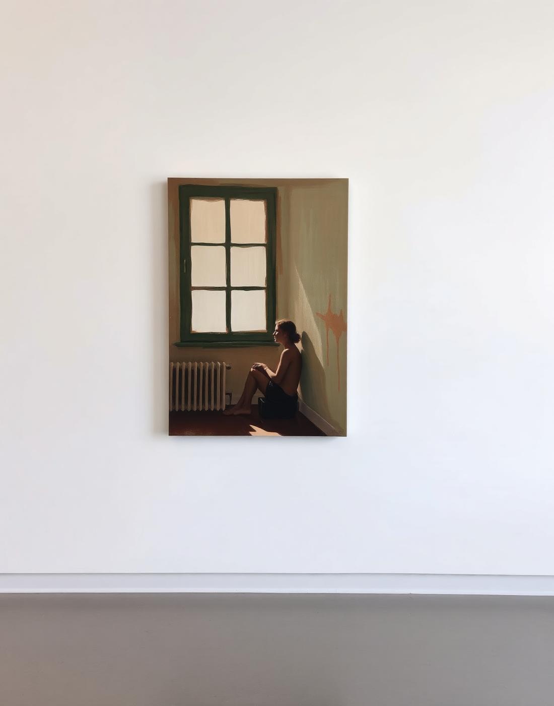 Figurative oil painting of a seated figure by a window, terracotta and sage tones, by Mira Alvarado.