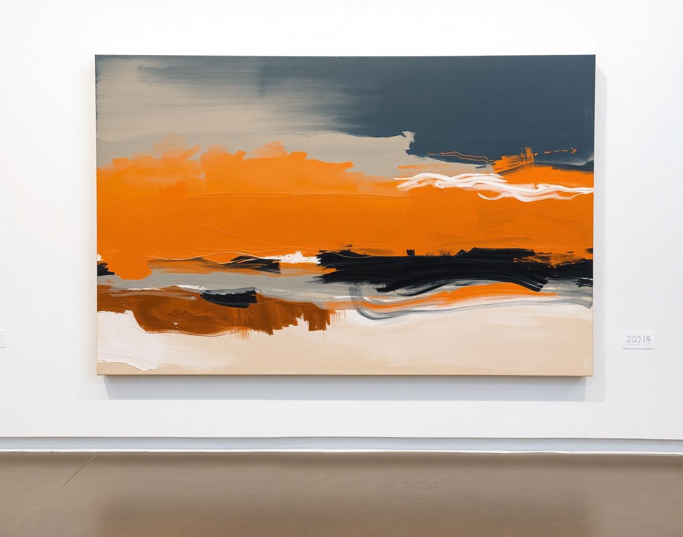 Abstract oil painting in warm ochre and deep indigo, horizontal composition, by Mira Alvarado.